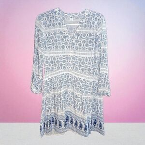 Old Navy Long Sleeve Boho Peasant Dress White and Blue Print Sz Petite Small PS